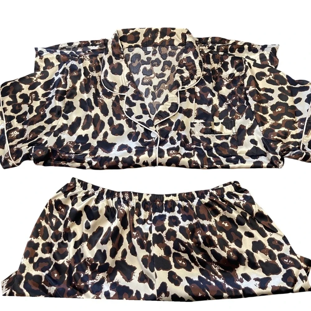 Leopard Satin 3-Piece Pajama Set XL Short Sleeve Top Shorts Pants Gold Brown